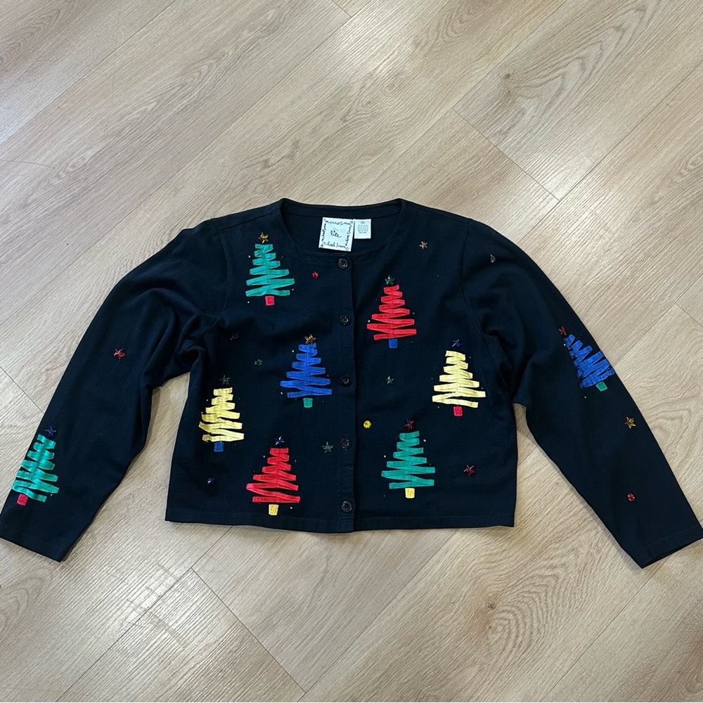 Vintage Michael Simon Christmas Sweater Womens Medium  Black Cardigan Trees